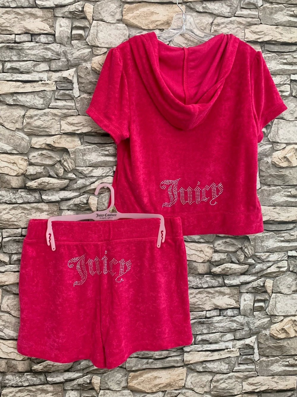 Juicy Couture Vixen Pink Velour Terry Cloth Hoodie & Shorts Lounge Tracksuit Set